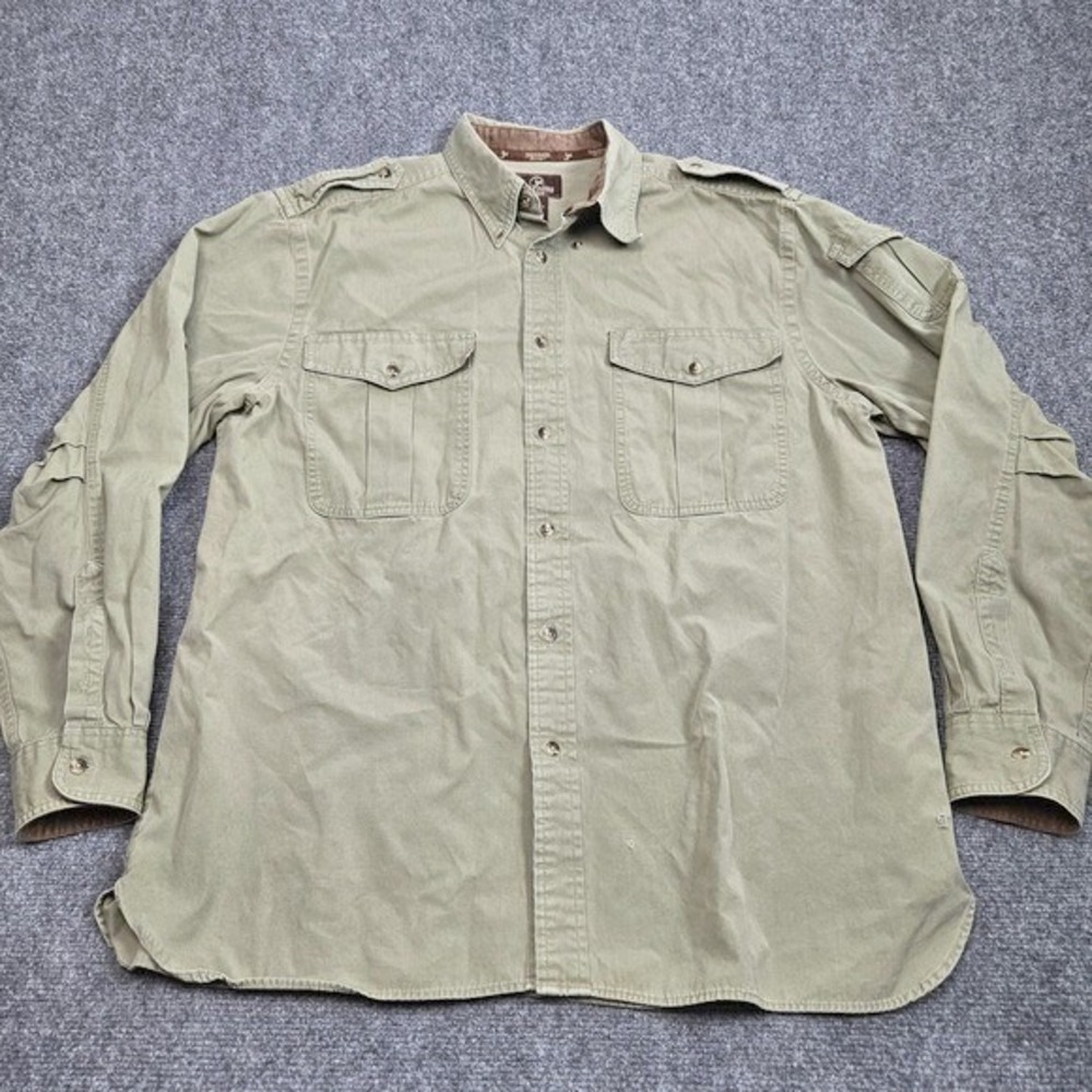 Three Forks Ranch Safari Shirt Mens L Olive Green Cotton Epaulet Utility Outdoor